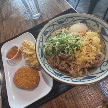 Marugame Udon - Nikutama udon, Potato Croquette, sweet potato tempura - Japanese Near Me - Honolulu, Hawaii Marugame Udon - Nikutama udon, Potato Croquette, sweet potato tempura - Japanese Near Me - Honolulu, Hawaii