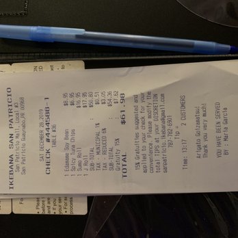 Ikebana Sushi Bar - Guaynabo - Receipt with prices and presumptuous 15% gratuity. - Sushi Bars Near Me - Guaynabo, Puerto Rico Ikebana Sushi Bar - Guaynabo - Receipt with prices and presumptuous 15% gratuity. - Sushi Bars Near Me - Guaynabo, Puerto Rico