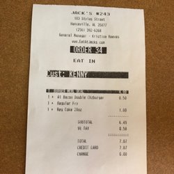 Jack's Family Restaurant - Receipt for reference.