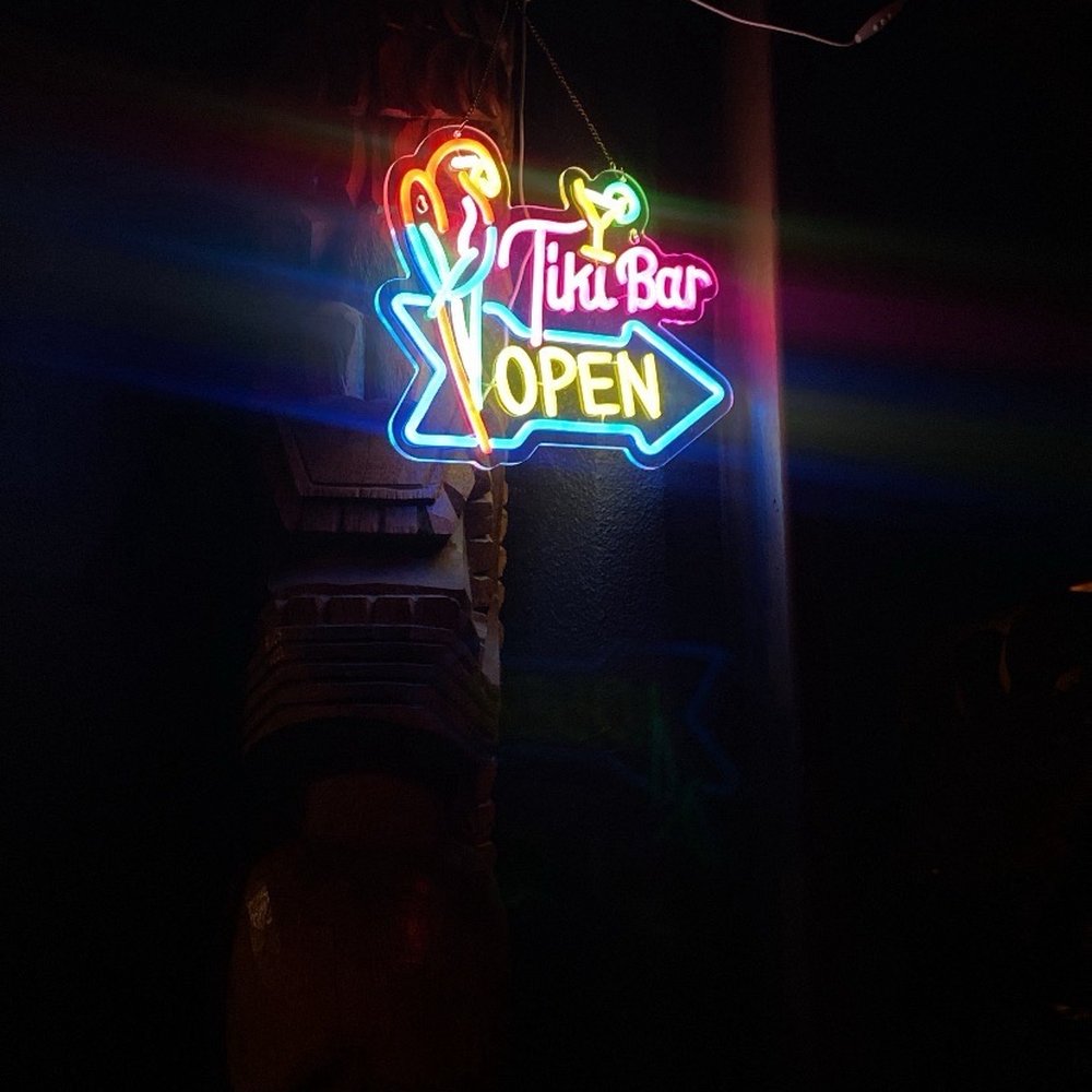 Secret Island - Tiki Bar sign at the bottom of the stairs - Polynesian Near Me - Long Beach, California