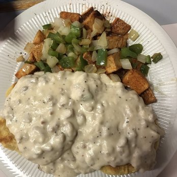 Kitchen87 - Biscuits and gravy with home fries topped with peppers and onions. - American Near Me - Mount Holly, New Jersey