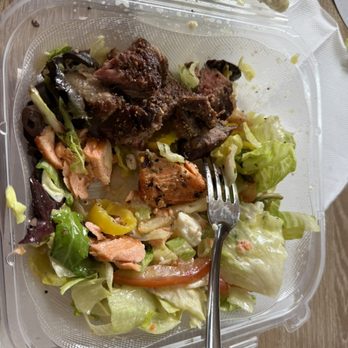 Kabob Fusion - Greek salad with salmon and ribeye shared - Mediterranean Near Me - Fremont, California Kabob Fusion - Greek salad with salmon and ribeye shared - Mediterranean Near Me - Fremont, California