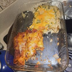 MI Fiesta Catering - Half chicken enchiladas & half shredded beef enchiladas.