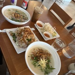 Food. Congee on the right, udon noodles on left.