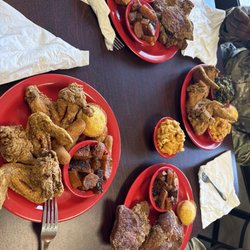 Dab's Soul Food Cafe - Wings, pork chops, Mac n cheese, yams, hush puppies and some greens.