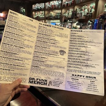 Dr. Funk - Drinks and food menu. Notice there are more drinks than food. - Tiki Bars Near Me - San Jose, California