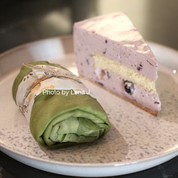 Moment - Matcha Crepe Roll 抹茶毛巾卷 ($7.50) and Blueberry Yogurt Mousse Cake 蓝莓酸奶慕斯 ($8.50) - Bakeries Near Me - Champaign, Illinois