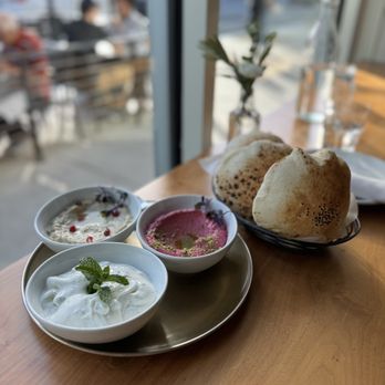 Ammatoli - Three way mezza (Cucumber and Yogurt, Mutabbal Mezza, and Roasted Beets Hummus Mezza) with pita - Mediterranean Near Me - Long Beach, California