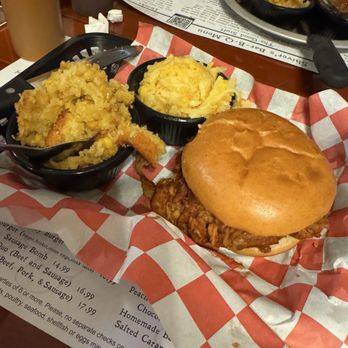 Shiver's BBQ - Pulled Chicken Sandwich, hash brown casserole and Cornbread Souffl-. - Barbeque Near Me - Homestead, Florida Shiver's BBQ - Pulled Chicken Sandwich, hash brown casserole and Cornbread Souffl-. - Barbeque Near Me - Homestead, Florida