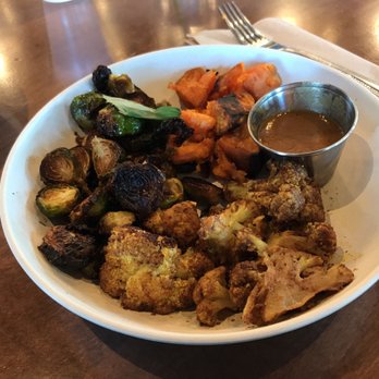 Flower Child - Plate with sweet potatoes, spice cauliflower, and Brussels Sprouts sans the soy. Gluten free and dairy free!! So filling and tasty! - Vegetarian Near Me - Dallas, Texas