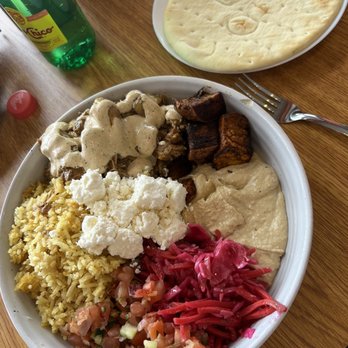 Nosh - Chicken bowl, added feta and a pita! - Mediterranean Near Me - Park City, Utah Nosh - Chicken bowl, added feta and a pita! - Mediterranean Near Me - Park City, Utah