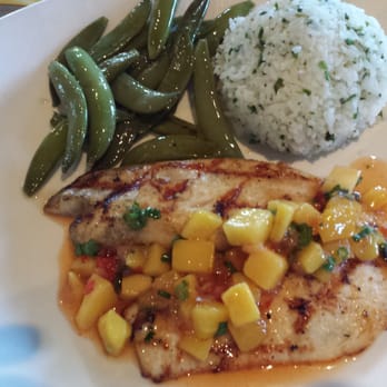 Bonefish Grill - Tilapia with mango salsa. Side of jasmine rice and peas. - Seafood Near Me - Fairfax, Virginia Bonefish Grill - Tilapia with mango salsa. Side of jasmine rice and peas. - Seafood Near Me - Fairfax, Virginia