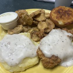 Delancy's Restaurant - Chicken Fried Chicken extra white gravy; mash potatoes and fried squash