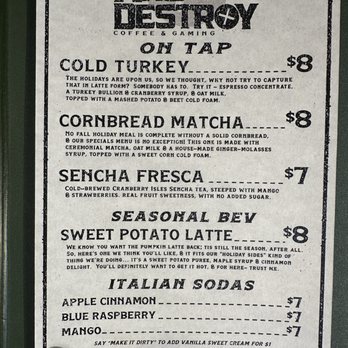 And Destroy Coffee & Gaming - Look at this creative ass seasonal drinks-- MASHED POTATO FOAM?! TURKEY BULLION & CRANBERRY SYRUP? I love this playful freaks - Coffee & Tea Near Me - Los Angeles, California And Destroy Coffee & Gaming - Look at this creative ass seasonal drinks-- MASHED POTATO FOAM?! TURKEY BULLION & CRANBERRY SYRUP? I love this playful freaks - Coffee & Tea Near Me - Los Angeles, California