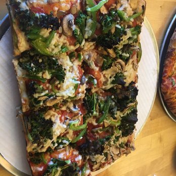 Pie Sci Pizza - square pizza with vegan cheese, pepperoni, kale, mushroom, and green pepper!!! - Pizza Near Me - Detroit, Michigan