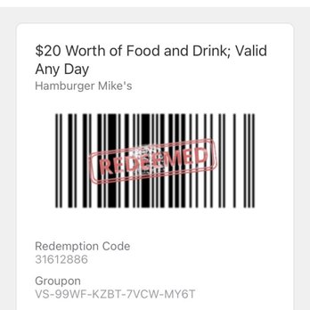 Hamburger Mike's - This is the voucher I showed the cashier she scanned it then it showed redeemed. This is an $8 off voucher! - Burgers Near Me - Stockbridge, Georgia Hamburger Mike's - This is the voucher I showed the cashier she scanned it then it showed redeemed. This is an $8 off voucher! - Burgers Near Me - Stockbridge, Georgia