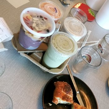 Jewel or Juice - acai bowl with pb and almonds, strawberry lychee smoothie, taro smoothie, matcha smoothie, spinach feta pretzel - Juice Bars & Smoothies Near Me - Honolulu, Hawaii Jewel or Juice - acai bowl with pb and almonds, strawberry lychee smoothie, taro smoothie, matcha smoothie, spinach feta pretzel - Juice Bars & Smoothies Near Me - Honolulu, Hawaii