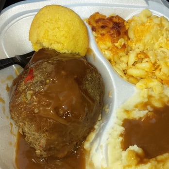 Angie's Soul Cafe - Salisbury steak dinner with mashed potatoes, mac n cheese and corn bread. - Soul Food Near Me - Cleveland, Ohio Angie's Soul Cafe - Salisbury steak dinner with mashed potatoes, mac n cheese and corn bread. - Soul Food Near Me - Cleveland, Ohio