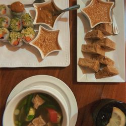 Fresh rolls, fried tofu and shrimp Tom Yum Soup