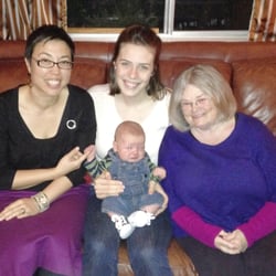 Maggie Bennett, LM - Caroline, Me (with Cecil) and Maggie at my six week postpartum appointment.