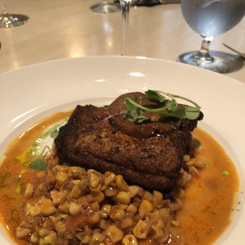 Table 28 - Sea Bass Blackened with Corn Medley - New American Near Me - Little Rock, Arkansas Table 28 - Sea Bass Blackened with Corn Medley - New American Near Me - Little Rock, Arkansas