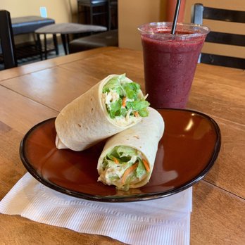 Intermission Cafe - Chicken Salad Wrap with a berry smoothie - Cafes Near Me - Franklin, Massachusetts