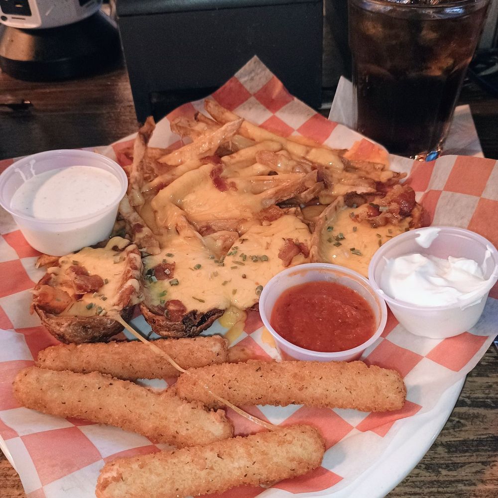 Sachse Ice House - The sampler platter with mozzarella sticks, potato skins and cheddar fries. Not worth the money at all. - Burgers Near Me - Sachse, Texas