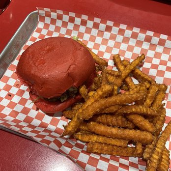 Wulf Burger - Wulf Classic Hamburger with Red Bun + Sweet Potato Fries - Burgers Near Me - Frisco, Texas Wulf Burger - Wulf Classic Hamburger with Red Bun + Sweet Potato Fries - Burgers Near Me - Frisco, Texas