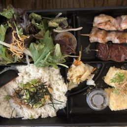 B Skewers Bento with agedashi tofu and ume miso dressing B Skewers Bento with agedashi tofu and ume miso dressing