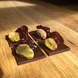Ian Scott Confections - Mendiants made with dark chocolate, pistachio and dried cherries
