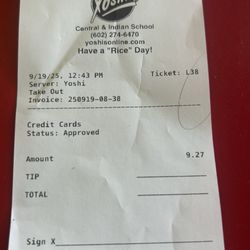 Yoshi's Restaurant - Receipt for teriyaki bowl with rice and vegetable