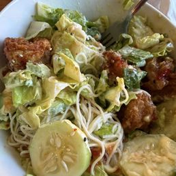 West coast salad is the BOMB!!! What amazing shrimp is so tender. Cucumbers in their own dressing, Romain hearts over some noodles West coast salad is the BOMB!!! What amazing shrimp is so tender. Cucumbers in their own dressing, Romain hearts over some noodles