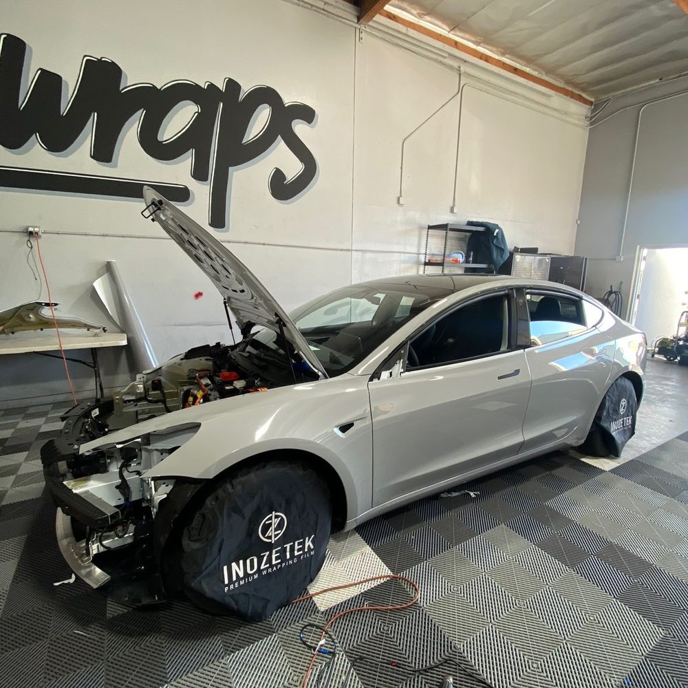 Sync Wraps - Jerry sent me work in progress photos of my Model 3 wrapped in Inozektek Chalk Grey - Vehicle Wraps Near Me - Orange, California Sync Wraps - Jerry sent me work in progress photos of my Model 3 wrapped in Inozektek Chalk Grey - Vehicle Wraps Near Me - Orange, California