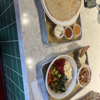 Feta Cowboy - Homemade pita with chicken shawarma and trimmings on the side. Sauces were incredible. - Mediterranean Near Me - Tempe, Arizona