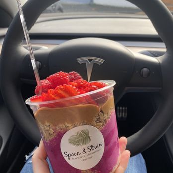 Spoon & Straw - Pitaya bowl with granola, banana, strawberry, raspberry, and add peanut butter. - Coffee & Tea Near Me - Marysville, Washington