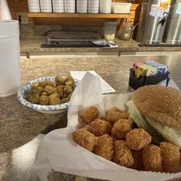 Good burger. Made from fresh ground beef. Fried okra. Tater tots.