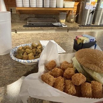 Okeechobee Livestock Market Restaurant - Good burger. Made from fresh ground beef. Fried okra. Tater tots. - American Near Me - Okeechobee, Florida
