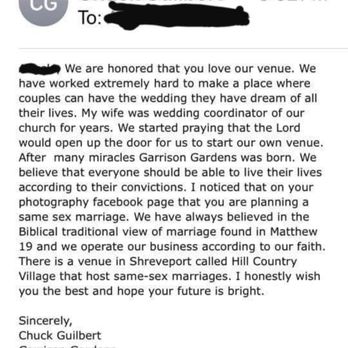 Garrison Gardens - This business uses religion to try to sugarcoat their bigoted views. Discrimination is not ok in any form. - Venues & Event Spaces Near Me - Texarkana, Arkansas