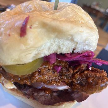 Lost Province Brewing - Hot Chicken Sandwich with jalapeño and apricot glaze, pickled jalapeño, purple cabbage slaw. - Pizza Near Me - Boone, North Carolina