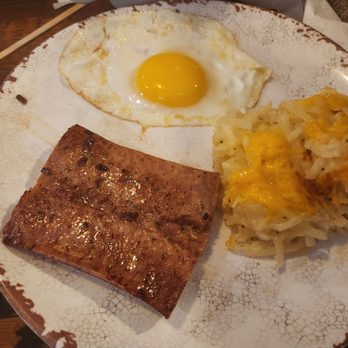 Oldwest Cafe - Sunny side egg, smoked sausage, and hash brown casserole - Breakfast & Brunch Near Me - Denton, Texas