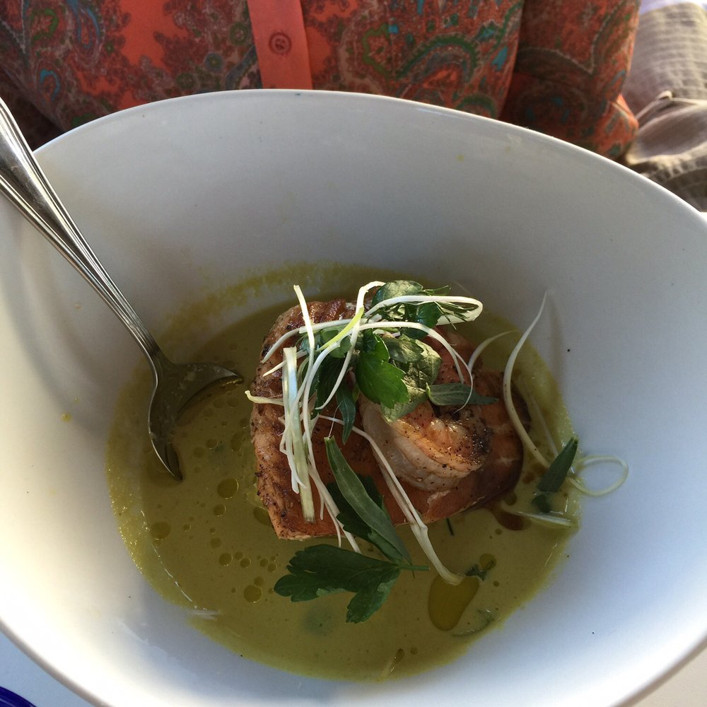 Brix Brine - Salmon, under a shrimp, over a crab gazpacho - Seafood Near Me - Ogunquit, Maine Brix Brine - Salmon, under a shrimp, over a crab gazpacho - Seafood Near Me - Ogunquit, Maine