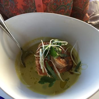 Brix Brine - Salmon, under a shrimp, over a crab gazpacho - Seafood Near Me - Ogunquit, Maine