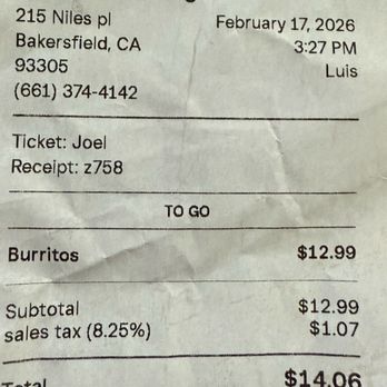El Asadero Taco Grill - Receipts - Tacos Near Me - Bakersfield, California