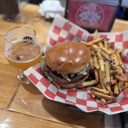 Burger with truffle fries. Burger with truffle fries.