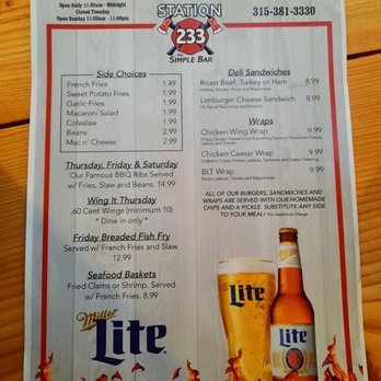 Station 233 The Simple Bar - Menu Page with Sides, Daily Deals, Delhi Sandwiches, and Wraps. - Bars Near Me - Westmoreland, New York