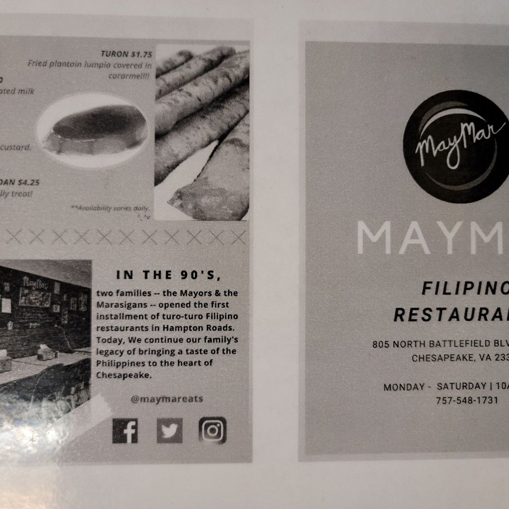 Maymar Filipino Restaurant - the menu for the restaurant - Filipino Near Me - Chesapeake, Virginia