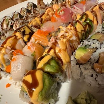 Chunmi Sushi - My food , non for you !!!  We had the salmon avocado , good idea roll, shrimp tempura , big spider roll , rainbow Roll. - Japanese Near Me - Ballwin, Missouri