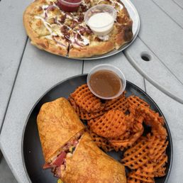 SOB Chicken wrap with sweet potato fries & Chicken Bacon Ranch Pizza SOB Chicken wrap with sweet potato fries & Chicken Bacon Ranch Pizza