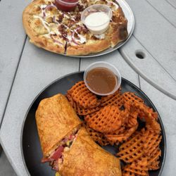 Log Cabin Tavern - SOB Chicken wrap with sweet potato fries & Chicken Bacon Ranch Pizza