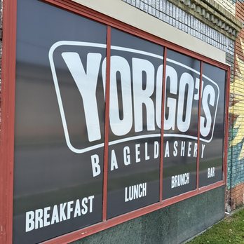 Yorgo's Bageldashery - Exterior window sign for Yorgo's Bageldashery, displaying menu options like breakfast, lunch, brunch, and bar. - Bagels Near Me - Norfolk, Virginia